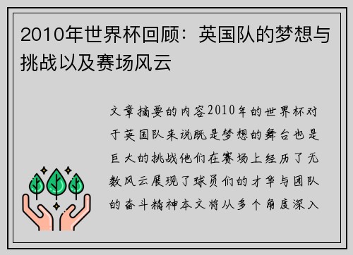 2010年世界杯回顾：英国队的梦想与挑战以及赛场风云