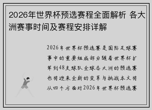 2026年世界杯预选赛程全面解析 各大洲赛事时间及赛程安排详解