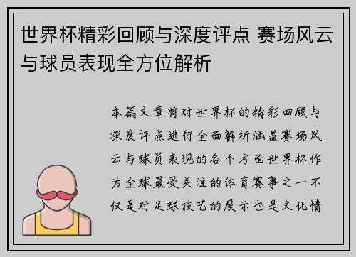 世界杯精彩回顾与深度评点 赛场风云与球员表现全方位解析