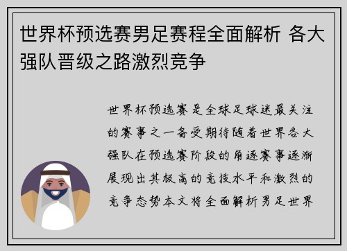 世界杯预选赛男足赛程全面解析 各大强队晋级之路激烈竞争